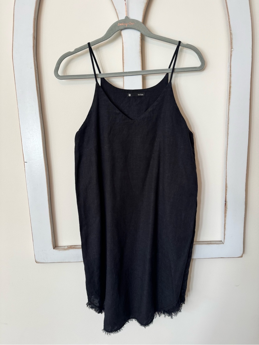 KRISA 100% Linen Black Mini Dress with Frayed Hem Size M